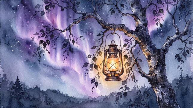 A glowing lantern hanging from a birch tree beneath a purple aurora night sky