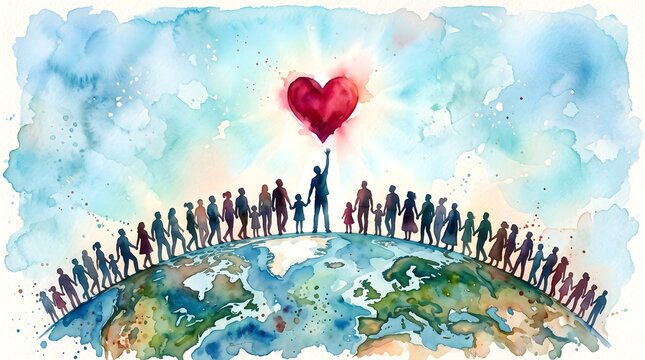 A diverse group of people standing together on planet earth holding a red heart to celebrate the annual smile day event