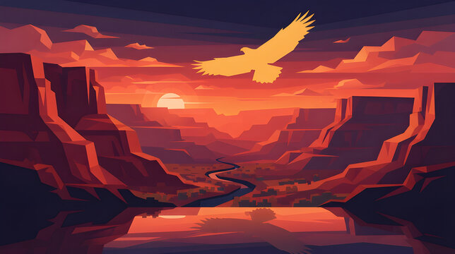 Eagle Flying Over Canyon Sunset