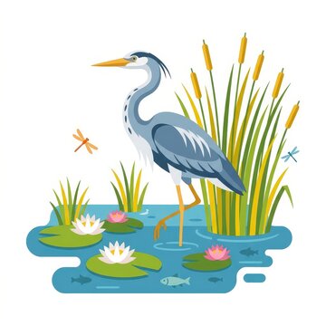 Heron in wetland pond with reeds and lilies vector illustration