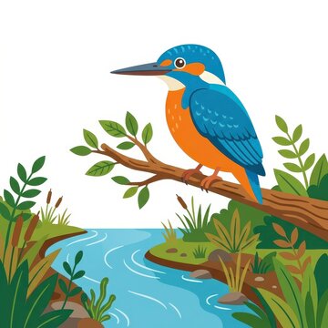 Kingfisher bird perched on tree branch near river