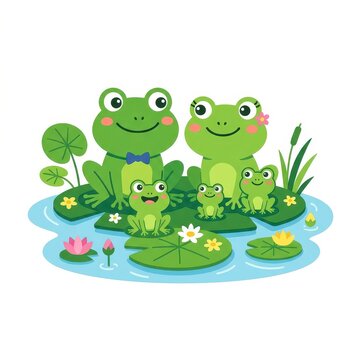 Cute frog family sitting on lily pads