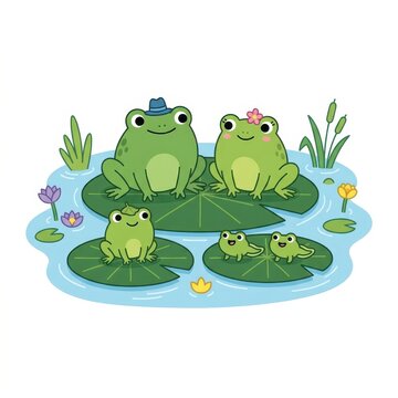 Cute frog family illustration on lily pads
