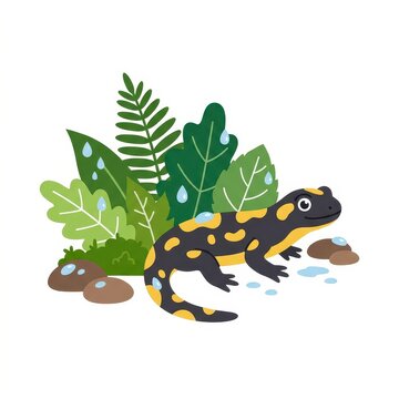Cute salamander in tropical leaves vector illustration
