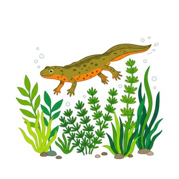 Cute newt swimming underwater with aquatic plants vector illustration
