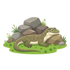 Obraz premium Cartoon lizard on rocks with grass