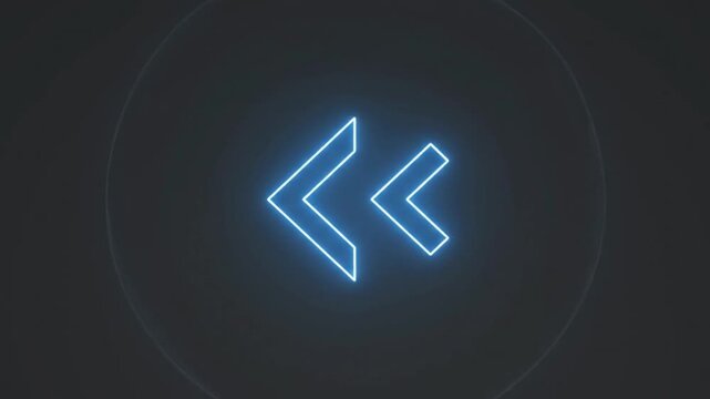 Neon Arrow Symbol for Rewind: A glowing neon blue arrow symbol, resembling the rewind function on media players, is centered against a dark, abstract background with faint concentric circles.