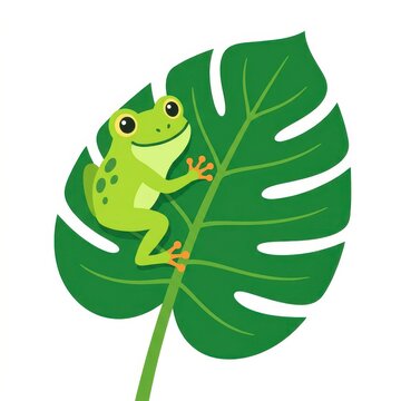 Cute green tree frog on tropical leaf