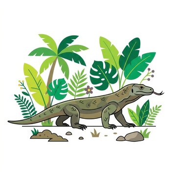 Komodo dragon lizard in tropical jungle illustration