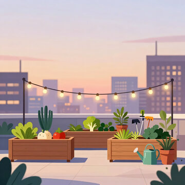 Urban rooftop garden vector illustration with wooden planter boxes and string lights at sunset