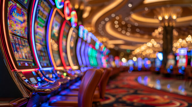 Elegant casino interior with colorful illuminated slot machines disappearing into a softly blurred background, glowing neon accents and warm ambient lighting, luxury gaming floor with polished archi