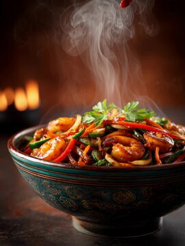 Chopsticks picking up a single shrimp from a steaming hot bowl of stir-fried noodles and vegetables