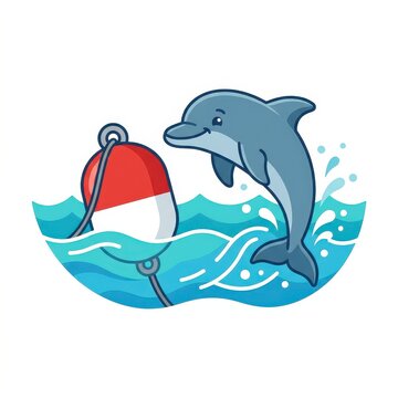 Cute dolphin jumping over buoy in ocean waves
