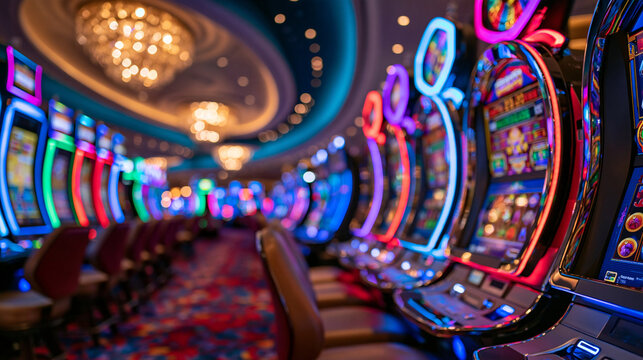 Luxury casino background with rows of modern slot machines glowing in saturated colors, intentionally shallow focus creating large circular bokeh highlights, elegant chandeliers and neon accents, en