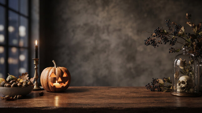 Spooky Halloween background with a glowing carved jack-o-lantern and skull on a rustic wooden table.