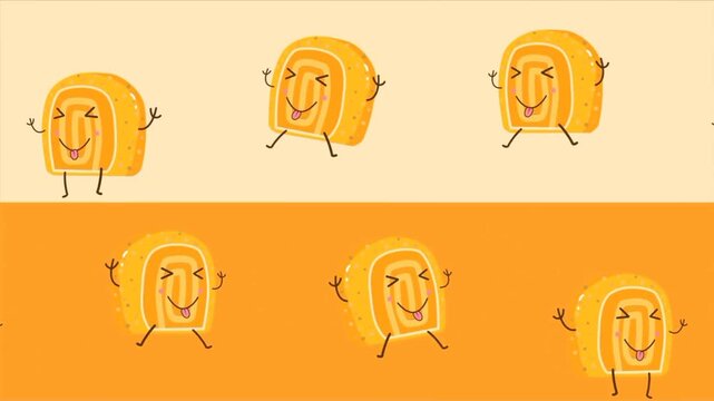 Cartoon cake roll characters dancing on split orange backgrounds