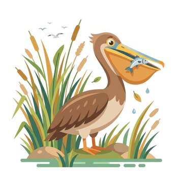 Cute pelican holding fish in beak vector illustration