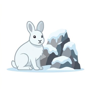 Cute white rabbit sitting near snowy rocks