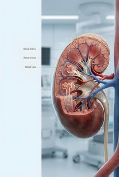 Anatomical 3D Render of Human Kidney, Revealing Intricate Internal Structures like Renal Artery, Vein, Cortex, and Medulla for Medical Study