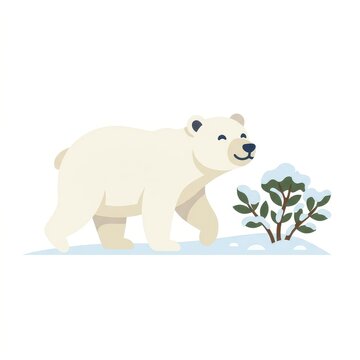 Cute polar bear walking in snow flat illustration