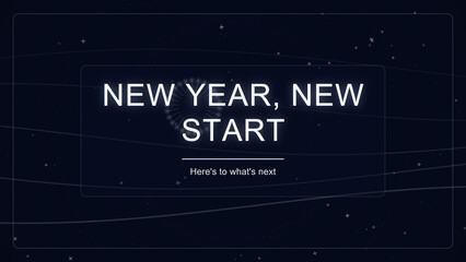 New Year New Start typography on dark cosmic background, inspirational quote for fresh beginnings, celestial night sky with stars and wavy lines © Raihan