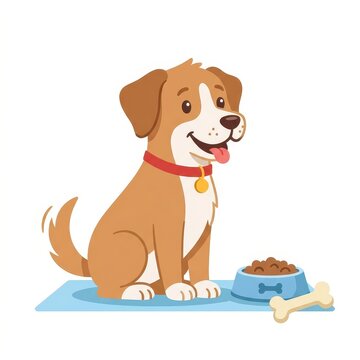 Cute cartoon dog sitting with food bowl and bone