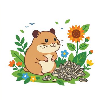 Cute hamster with sunflower seeds vector illustration