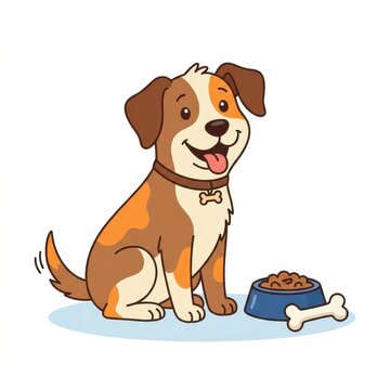 Cute cartoon dog sitting with food bowl and bone