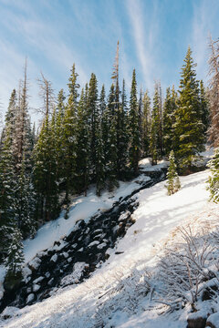 River in beautiful snowy mountain landscape.