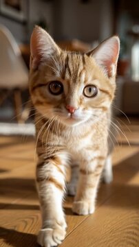 Playful cute ginger tabby kitten with big eyes walking towards the camera inside a sunny room
