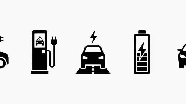 A horizontal row of black silhouette icons on a white background representing electric vehicles and charging, including a car with a plug, a charging station