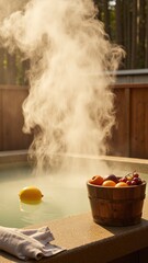 Fototapeta premium Relaxing Japanese Onsen Scene With Yuzu and Fruits
