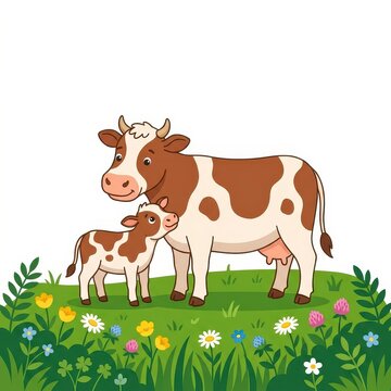 Cute cow with calf in the meadow with flowers