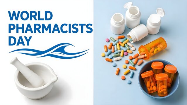 World pharmacists day celebration with pharmacy supplies and medication on a table with a blue and white background