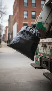 Black Trash Bag Being Loaded Into Garbage Truck
