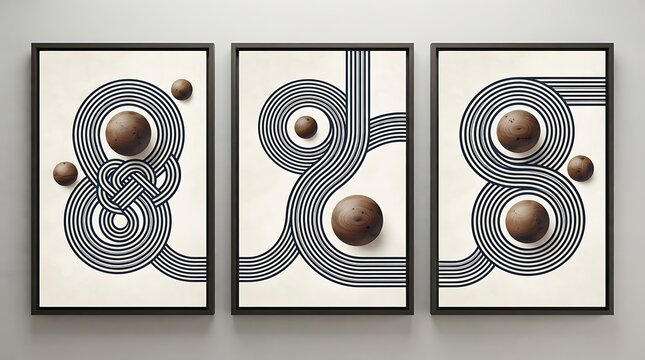 Modern triptych art with navy blue lines and wooden spheres.