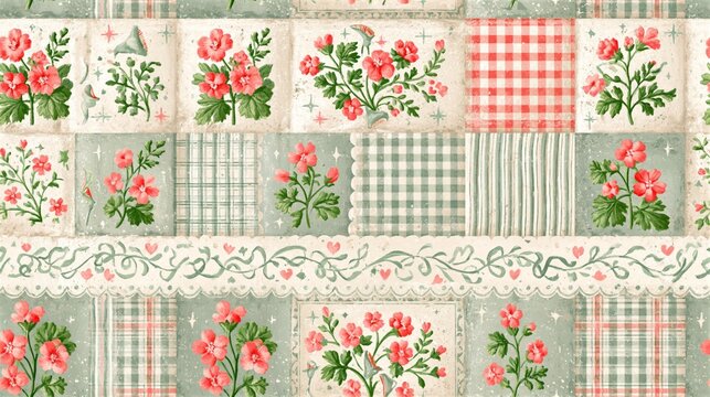 Vintage botanical patchwork pattern with delicate pink flowers, gingham checks, stripes and ornamental borders in soft green, cream and coral tones.