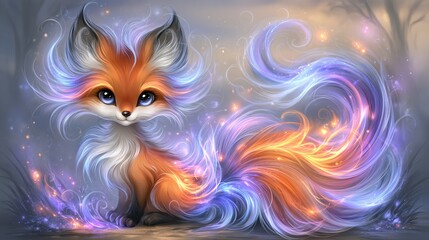Obraz premium Mystical orange fox spirit surrounded by glowing flames, sparks and magical energy, creating a dramatic fantasy creature illustration with an ethereal atmosphere.