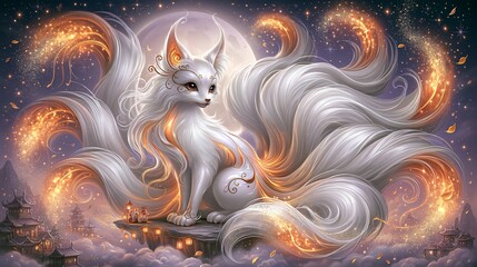 Obraz premium Majestic white nine-tailed fox spirit surrounded by golden magical energy beneath a full moon, with ancient temples and lanterns creating an enchanting Asian fantasy scene.