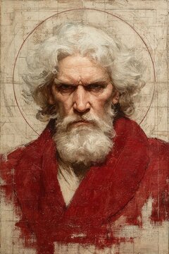 Stern portrait of Santa Claus with thin halo on aged parchment