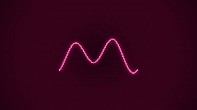 Neon light m letter on dark red brick wall background