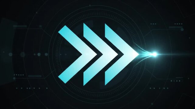 Speed Forward: Three illuminated neon blue arrows pointing forward on a dark futuristic background, symbolizing progress, speed, and advancement.