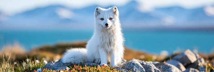 Fototapeta premium Beautiful white Arctic fox sitting on rocky coastal terrain, surrounded by wildflowers with a calm blue sea and distant mountains in the background under soft natural light.