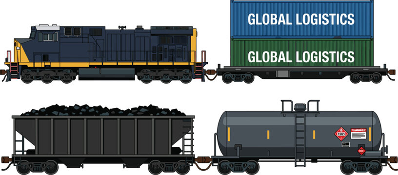 Industrial Freight Train and Cargo Wagons Set Featuring Diesel Locomotive Container Flatcar Coal Hopper and Oil Tanker Vector Flat Illustration