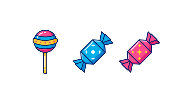 Group of colorful wrapped candies and a striped lollipop displayed on a clean white background.
