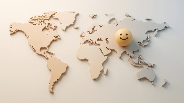 Celebrating global happiness a world map depicting joyful smiles and the universal language of positivity across continents and cultures worldwide