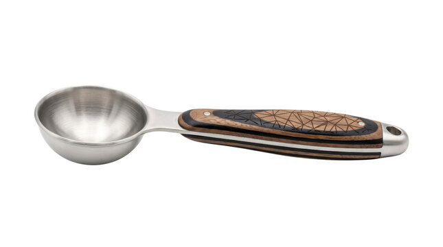 Stainless steel coffee scoop with decorative wooden handle, professional metal measuring spoon for dry ingredients, kitchen tool on white background