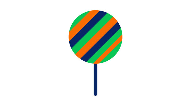 Striped lollipop featuring green, orange, and dark blue diagonal lines on a round hard candy head.