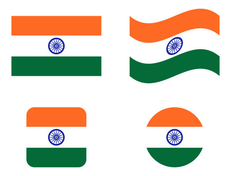 India flag icon set, Indian national flag in rectangular waving rounded square and circular styles with Ashoka Chakra, vector illustration isolated on white background