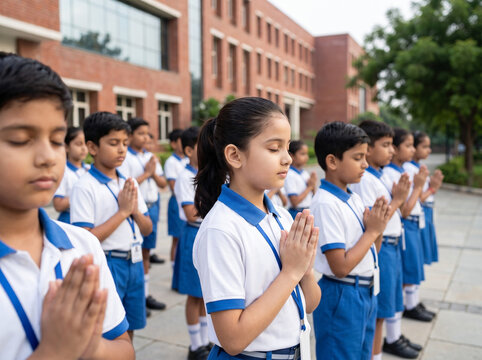 Indian School Children Praying During Morning Assembly